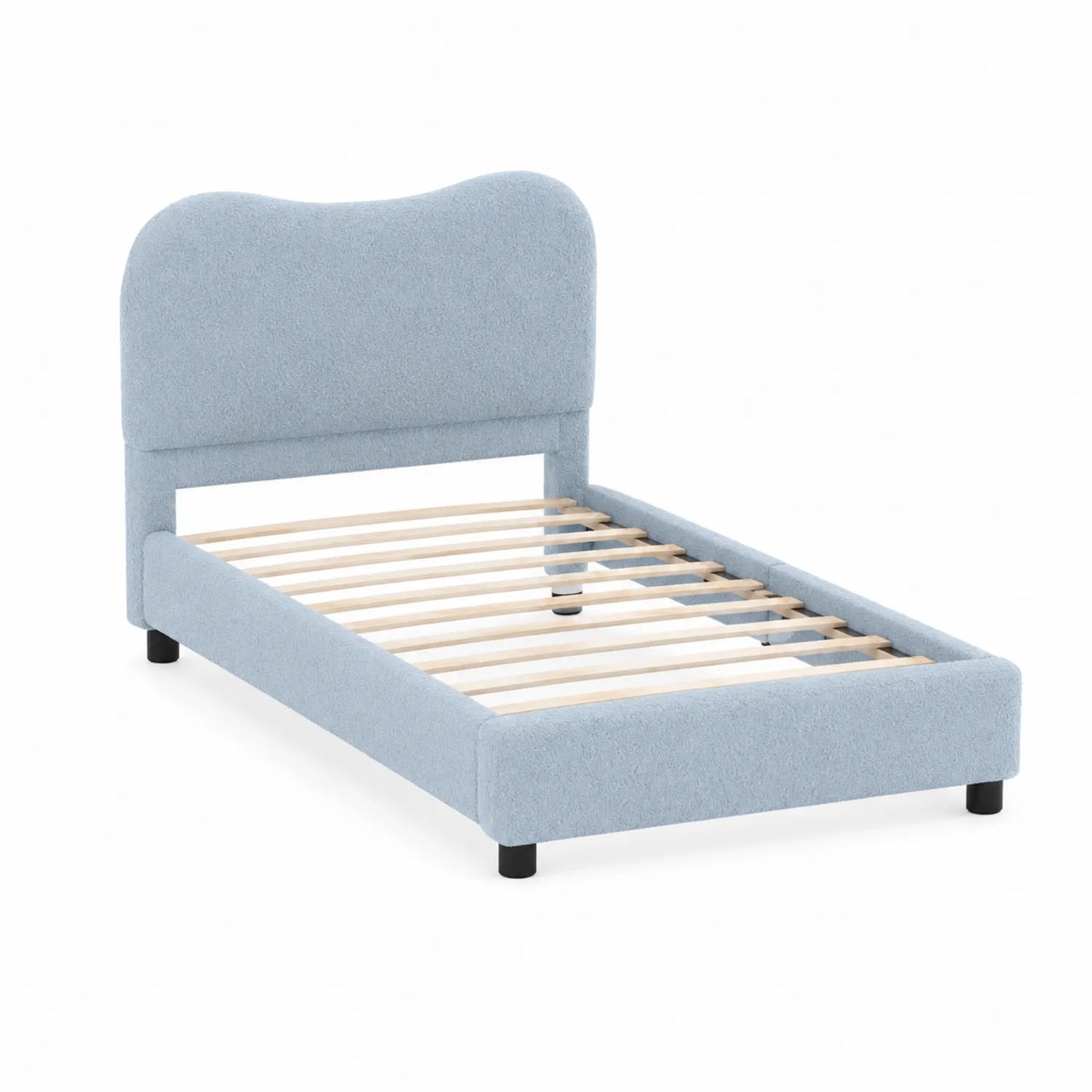 Cama individual de tela con cabecero curvado azul claro