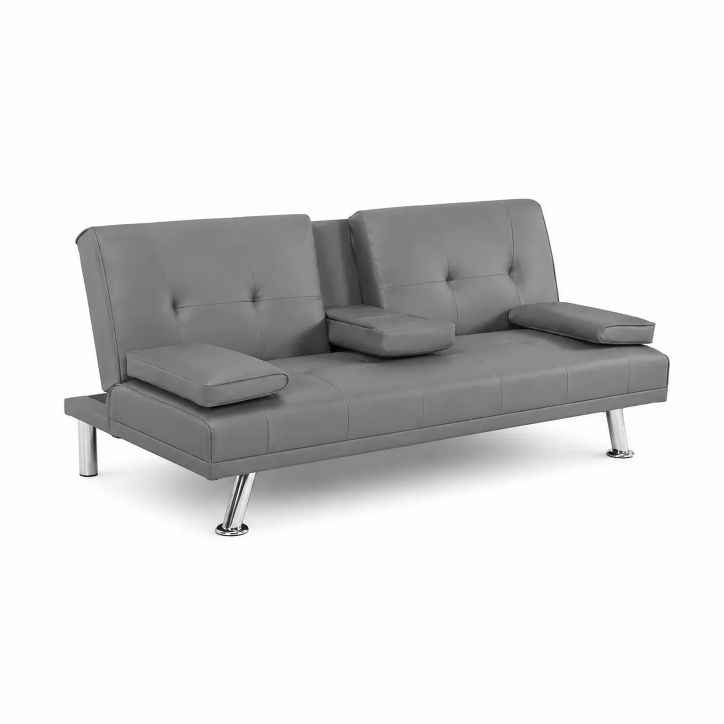 Sofá cama de piel sintética gris con patas metálicas