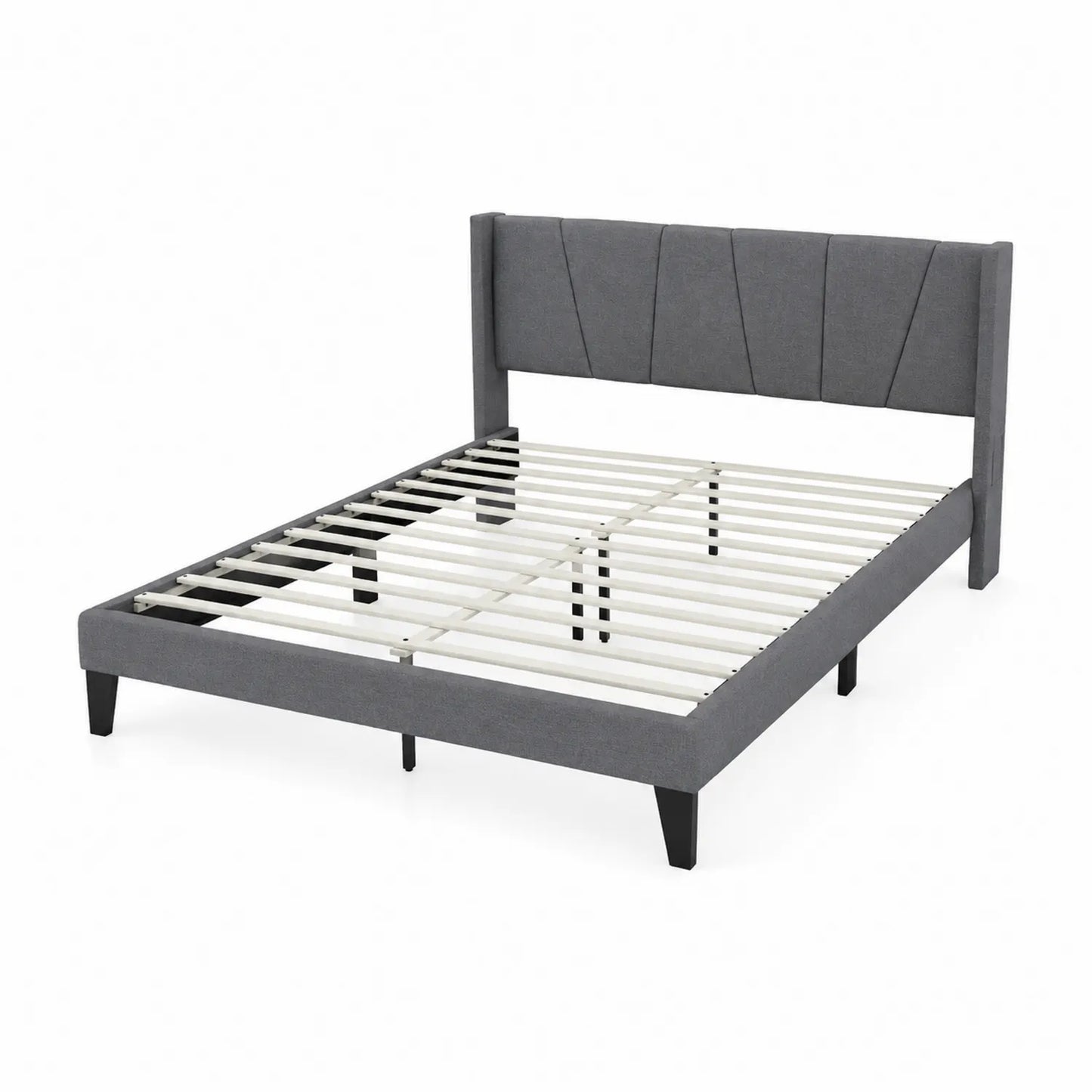Cama de matrimonio de madera y poliéster gris