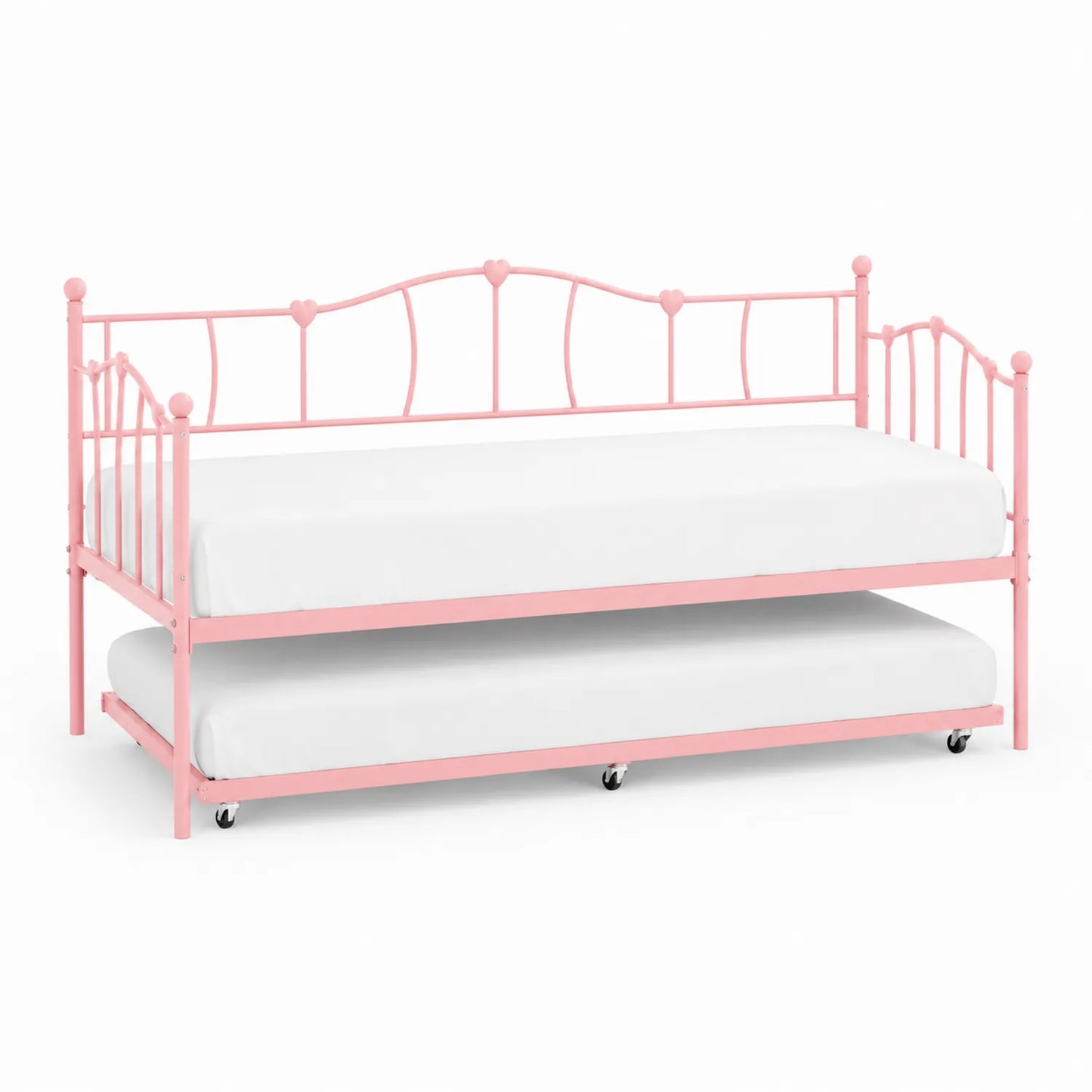 Cama nido de metal rosa con diseño de corazones