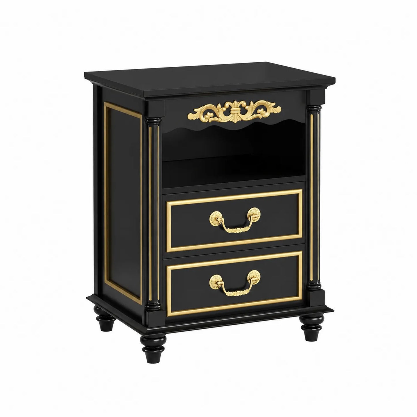 Mesita de noche madera negro con detalles dorados 45x35x60 cm