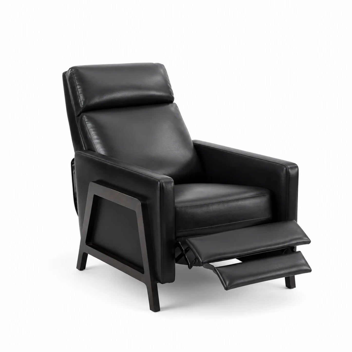 Sillón reclinable de piel sintética negro con estructura de madera