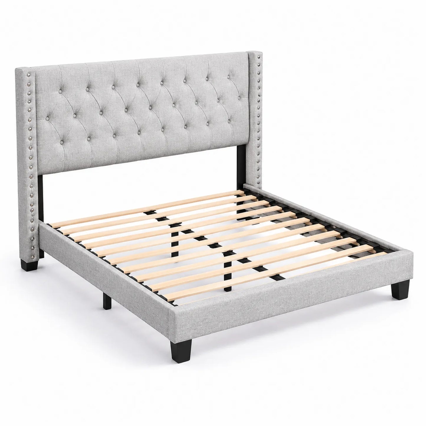 Cama de matrimonio con cabecero de madera y tela gris