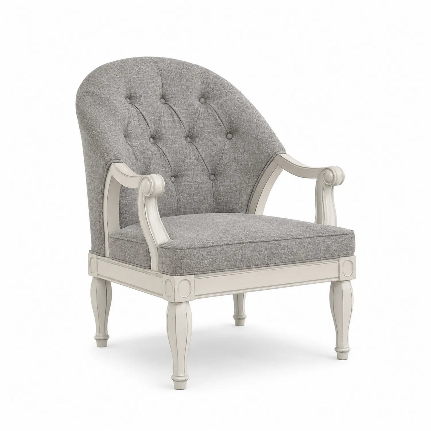 Silla de lino gris con estructura de madera