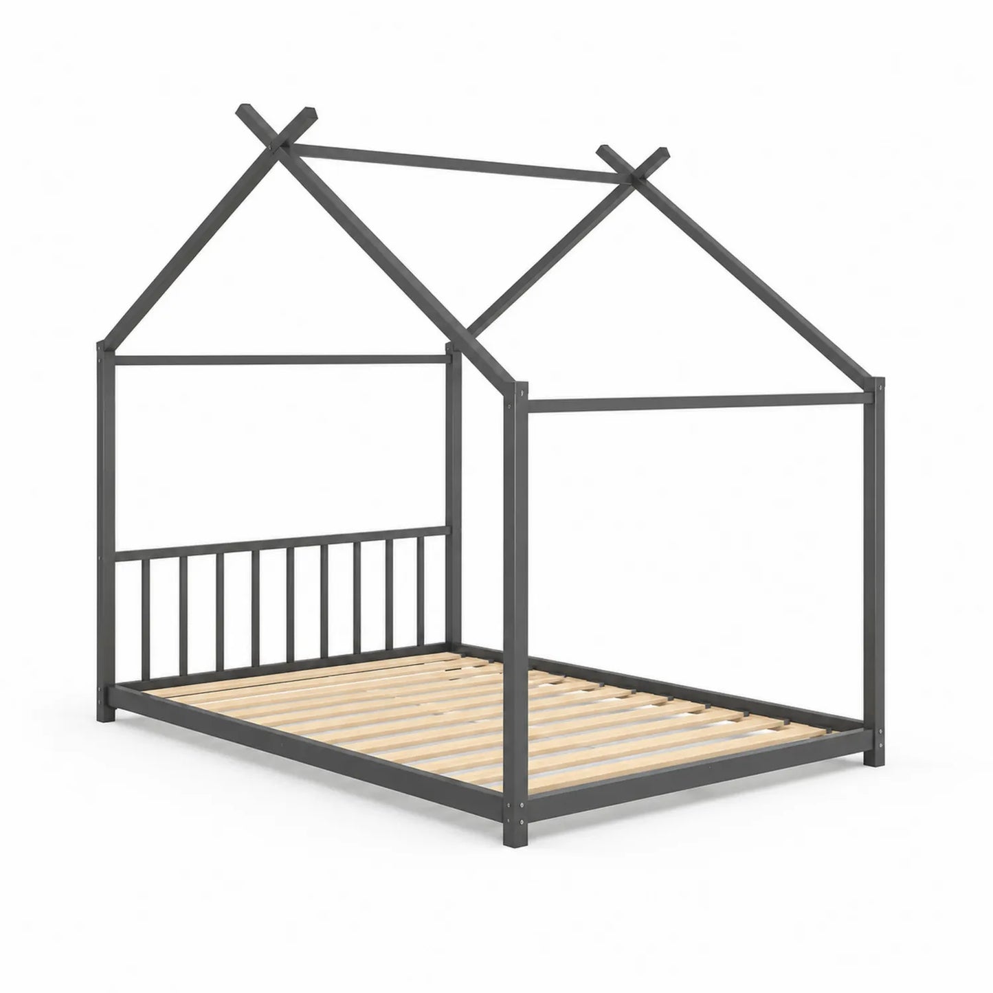 Cama infantil con forma de casita de metal y lamas de madera gris 200x90 cm