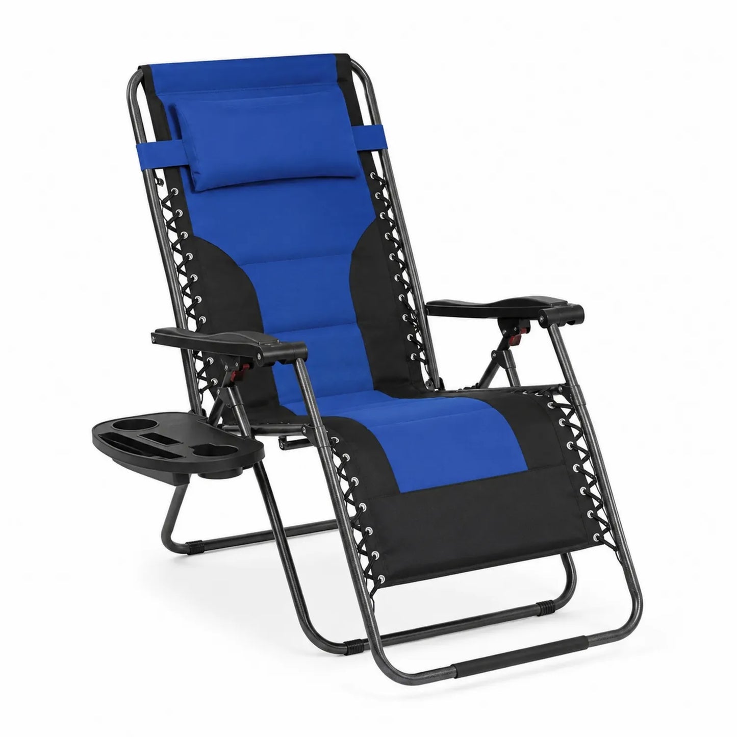Silla reclinable plegable de metal con tela azul y negro