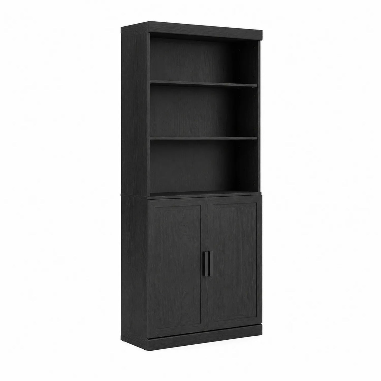 Estantería negra de madera con puertas y estantes, 180 cm de alto