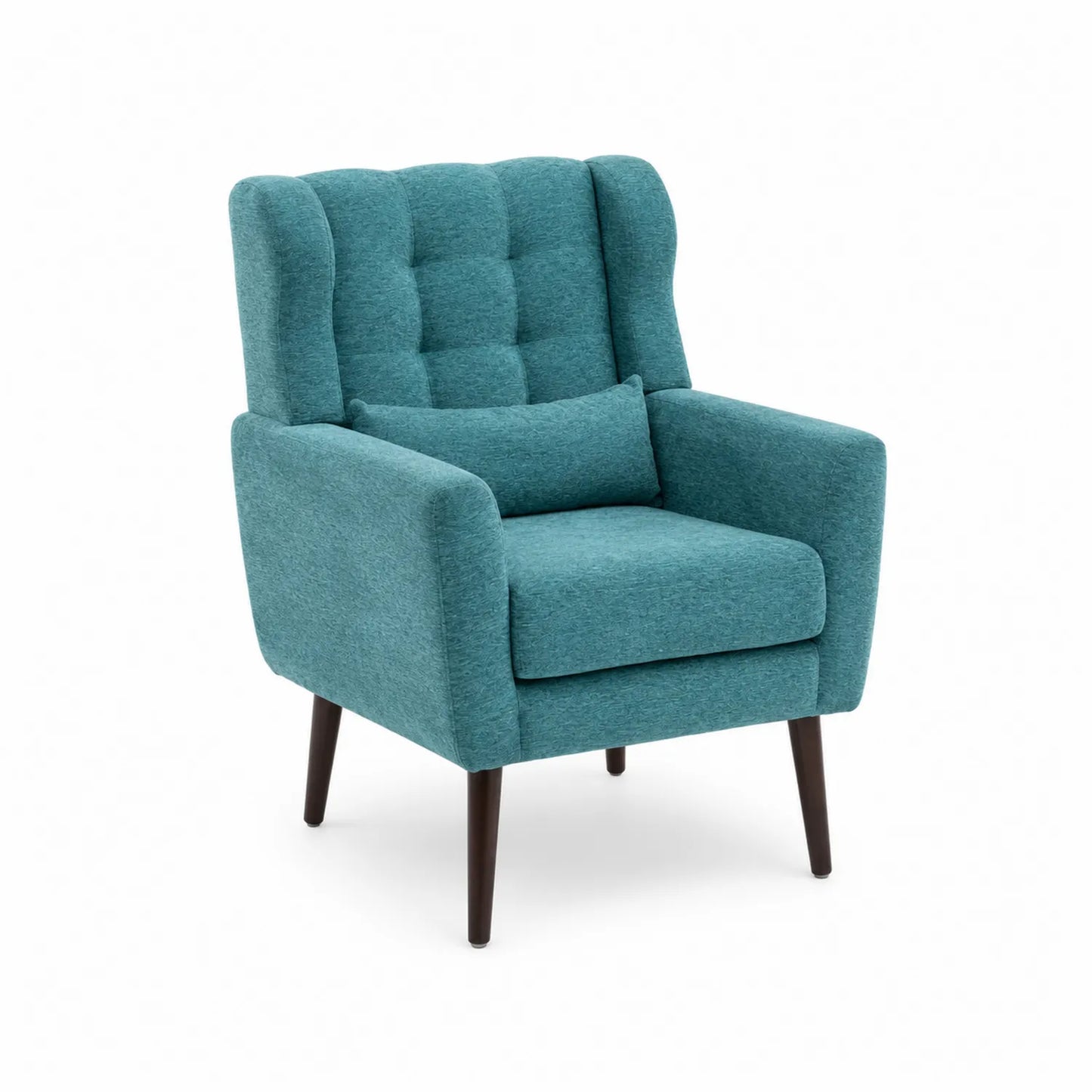 Sillón de tela azul con patas de madera
