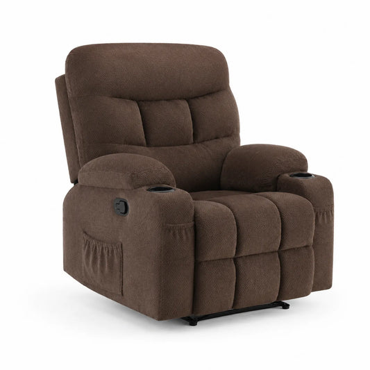 Sillón reclinable de microfibra marrón con portavasos