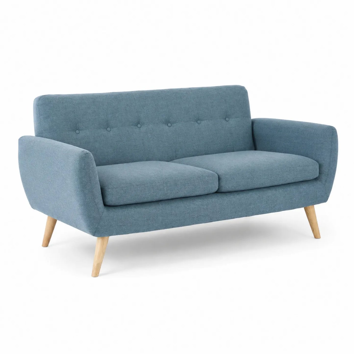 Sofá de Dos Plazas de Tela Azul con Patas de Madera