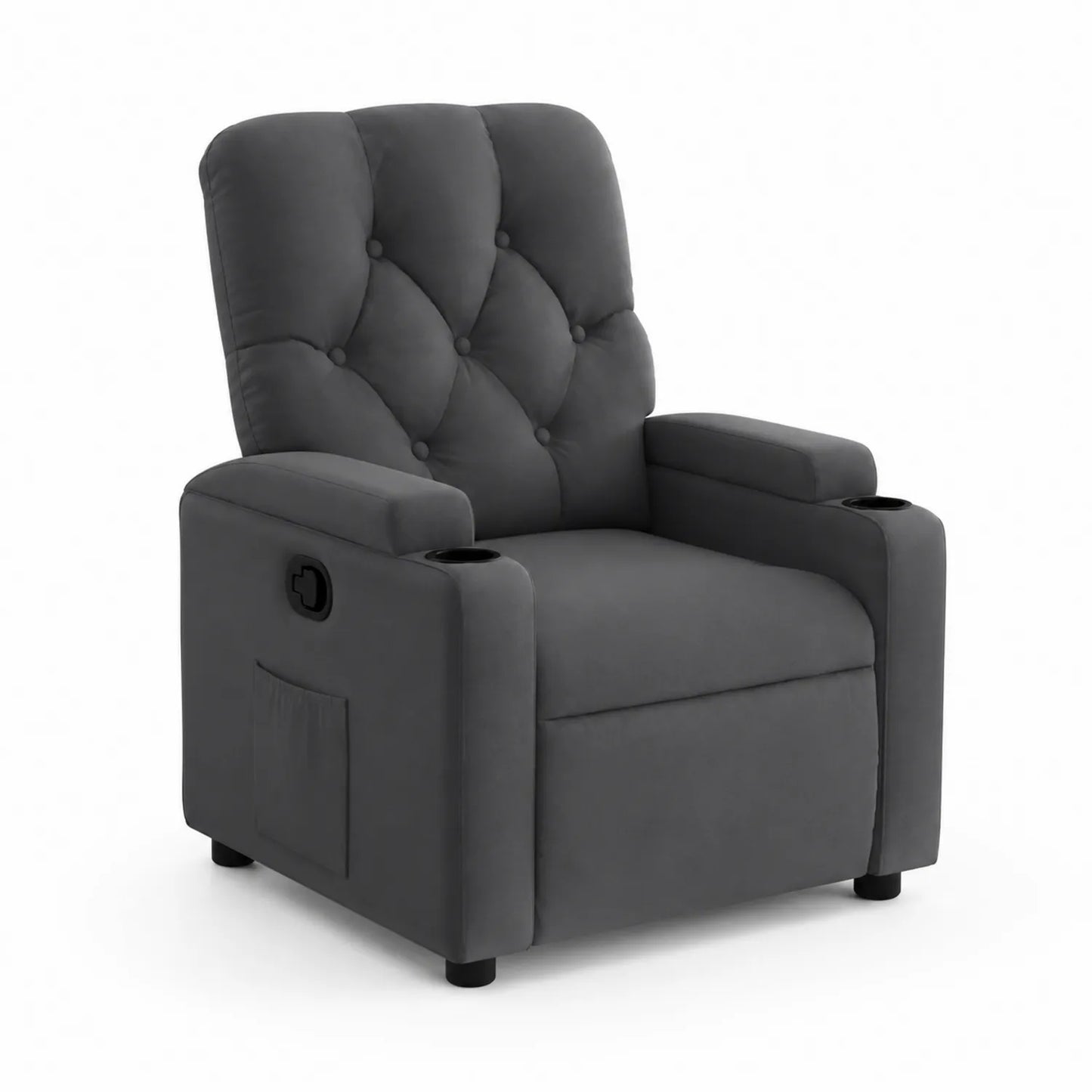 Sillón reclinable de tela gris con portavasos