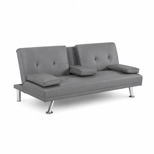 Sofá cama de piel sintética gris con patas metálicas