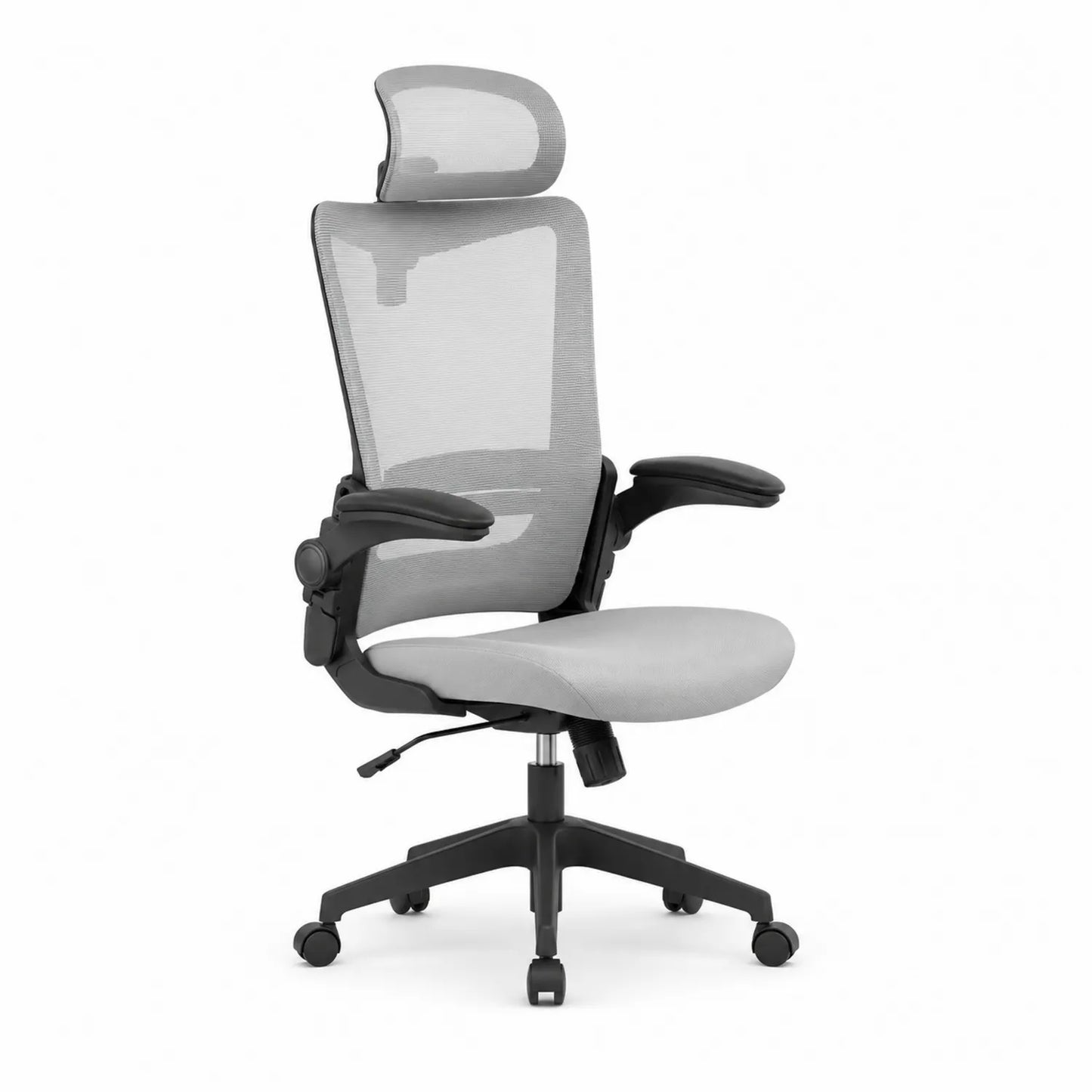 Silla de oficina ergonómica con respaldo de malla gris y reposacabezas ajustable