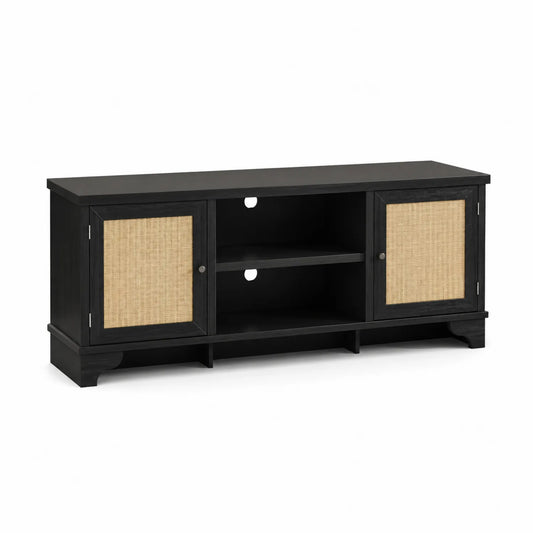 Mueble de TV de Madera Negro con Puertas de Ratán
