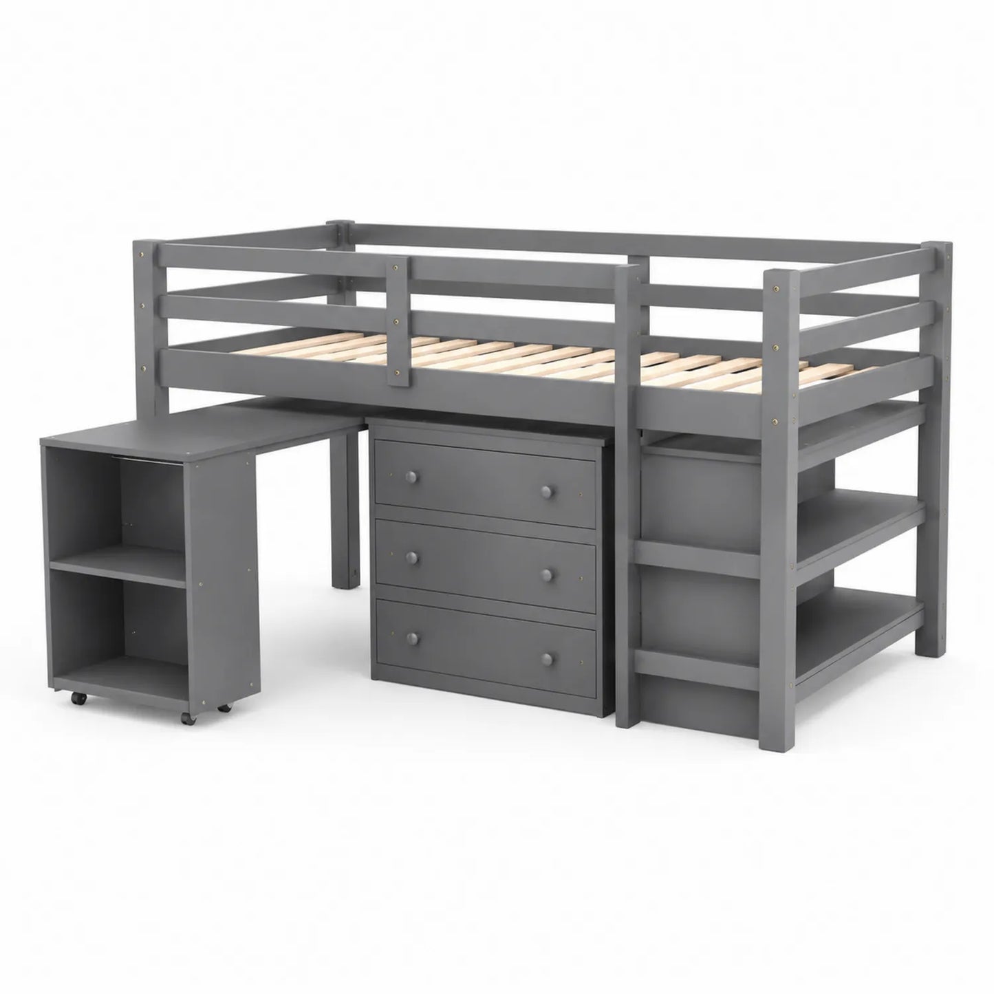 Cama alta infantil de madera gris con escritorio y estantería