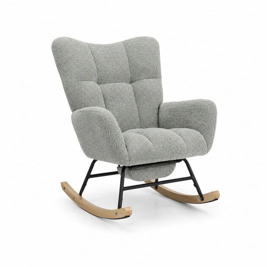 Sillón mecedora de poliéster gris claro con patas de madera