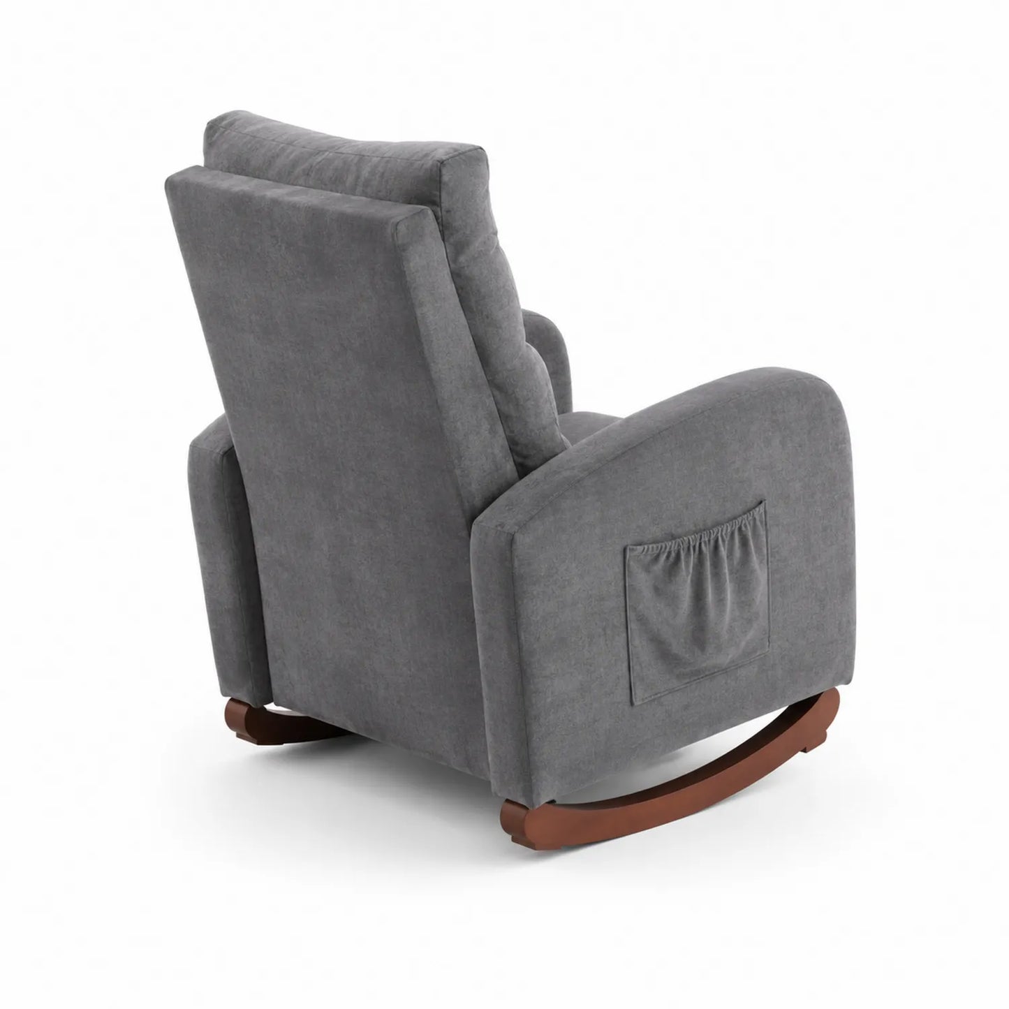 Sillón mecedor tapizado de tela gris con estructura de madera