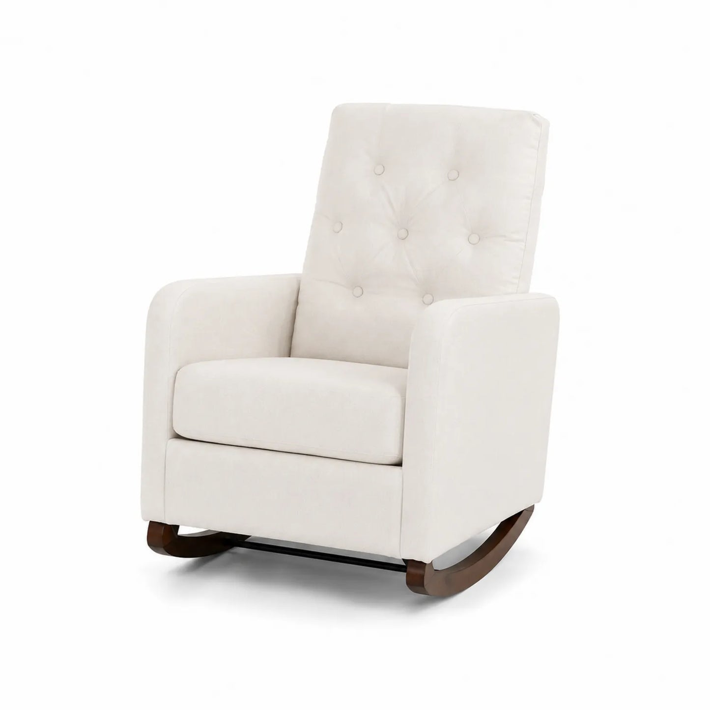 Silla mecedora de poliéster beige con base de madera