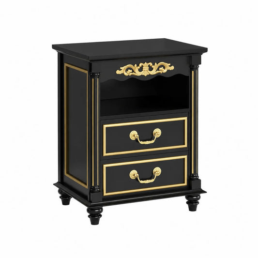 Mesita de noche madera negro con detalles dorados 45x35x60 cm