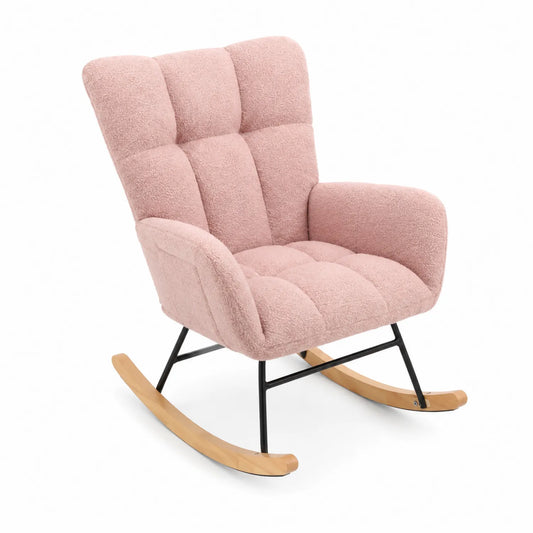 Silla mecedora de tejido rosa con estructura de acero y base de madera