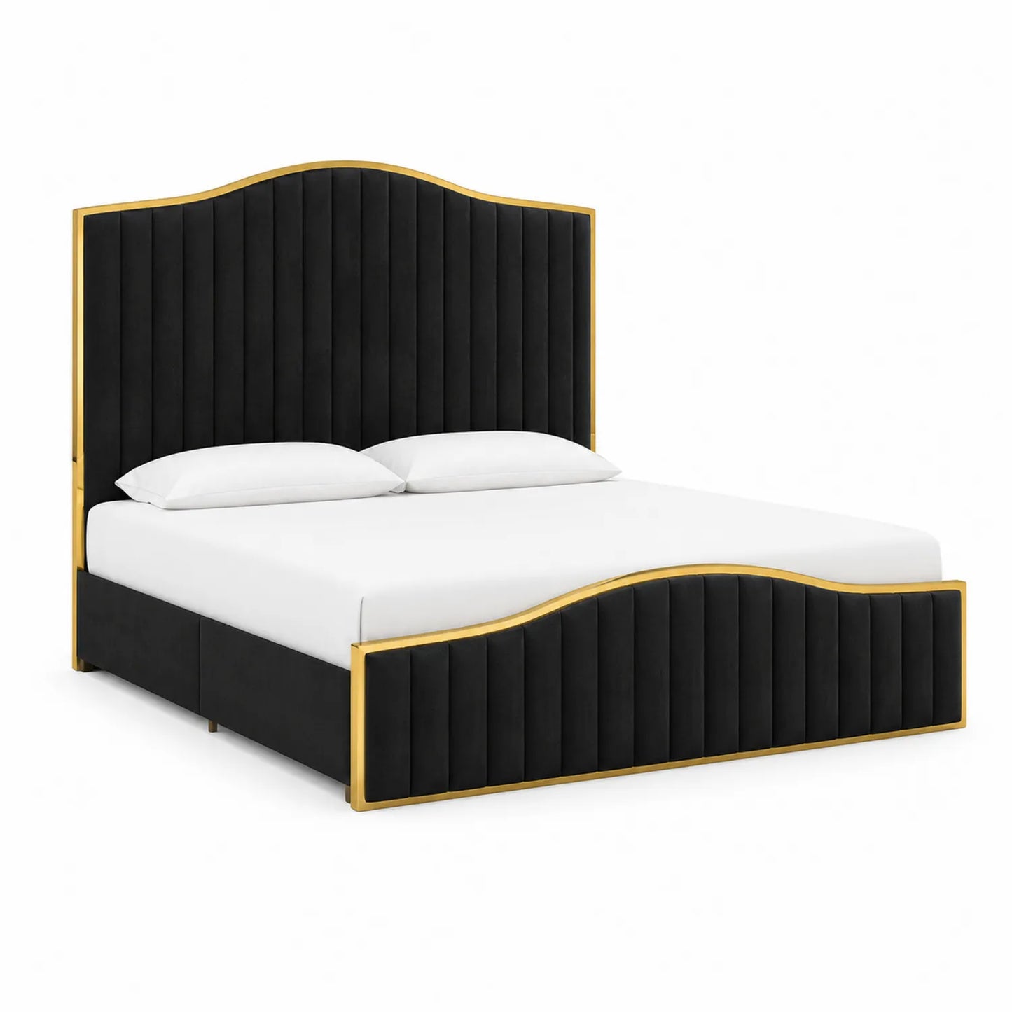 Cama de matrimonio tapizada en terciopelo negro con detalles metálicos dorados