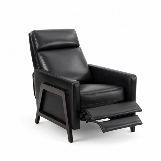 Sillón reclinable de piel sintética negro con estructura de madera