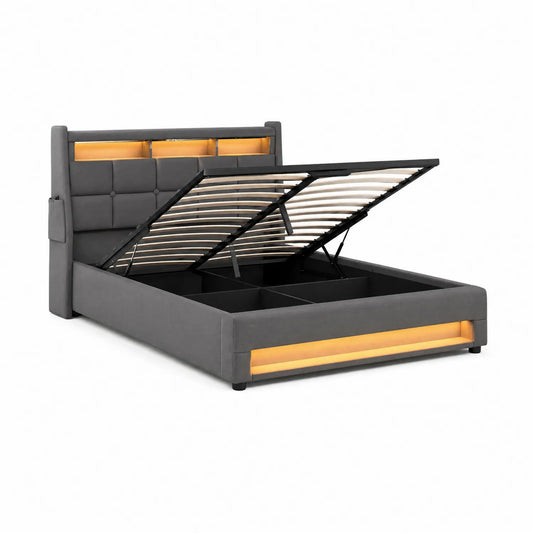 Cama de Tela y Metal con Almacenamiento e Iluminación LED Gris Oscuro 200x160 cm