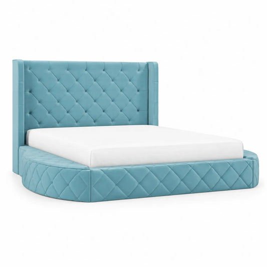 Cama de Terciopelo Azul con Cabecero Acolchado