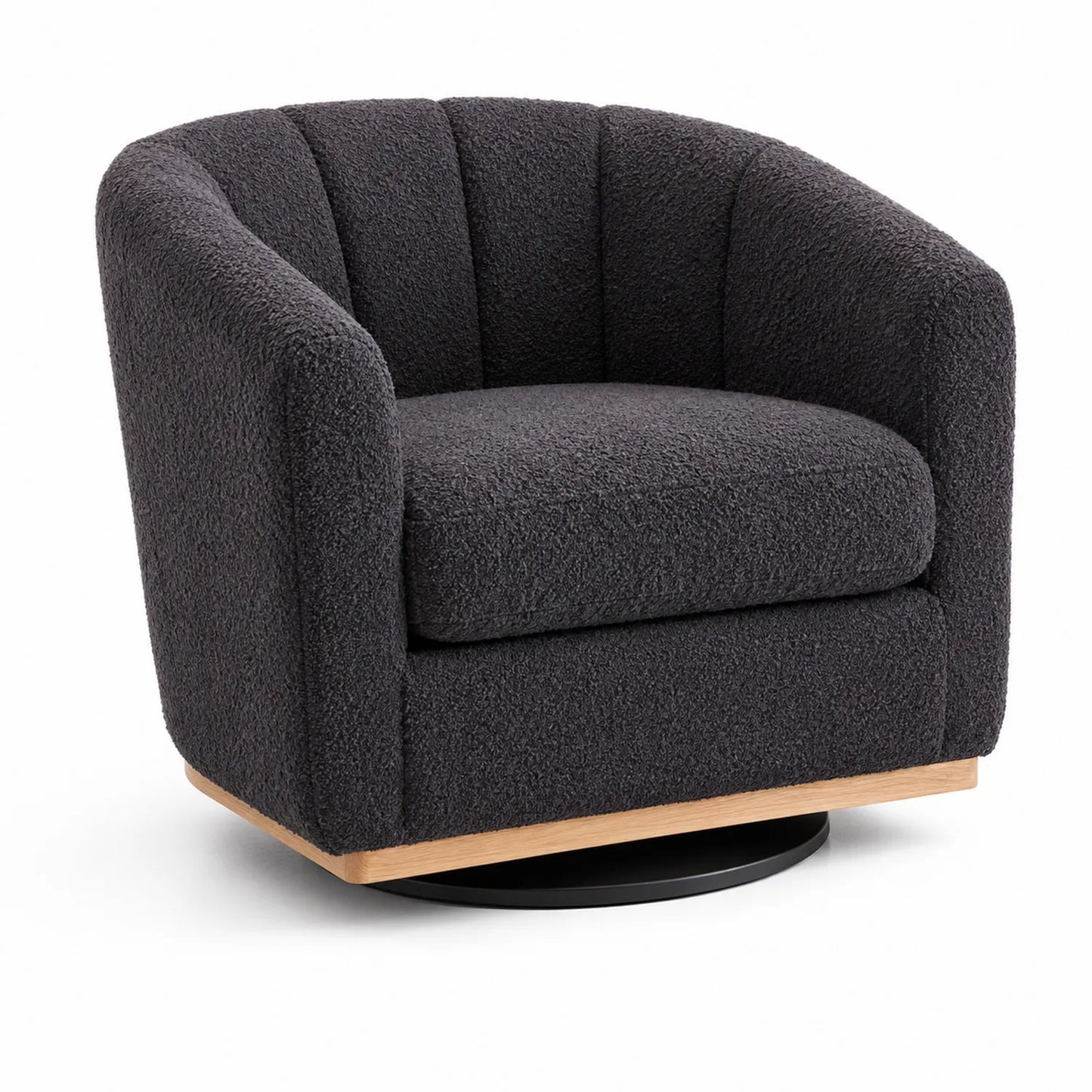 Sillón giratorio de tela bouclé gris oscuro con base de madera