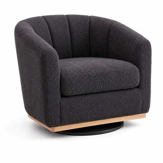 Sillón giratorio de tela bouclé gris oscuro con base de madera