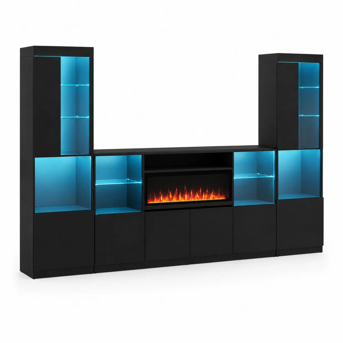 Centro de entretenimiento de madera y vidrio con LED azul y chimenea eléctrica