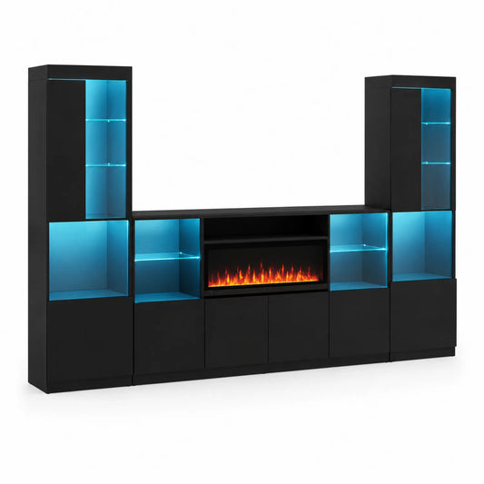 Centro de entretenimiento de madera y vidrio con LED azul y chimenea eléctrica