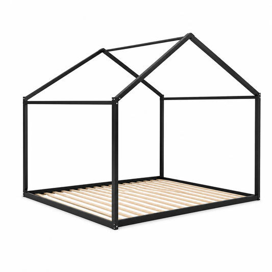 Estructura de cama para niños en forma de casa de metal negro y madera 200x90 cm