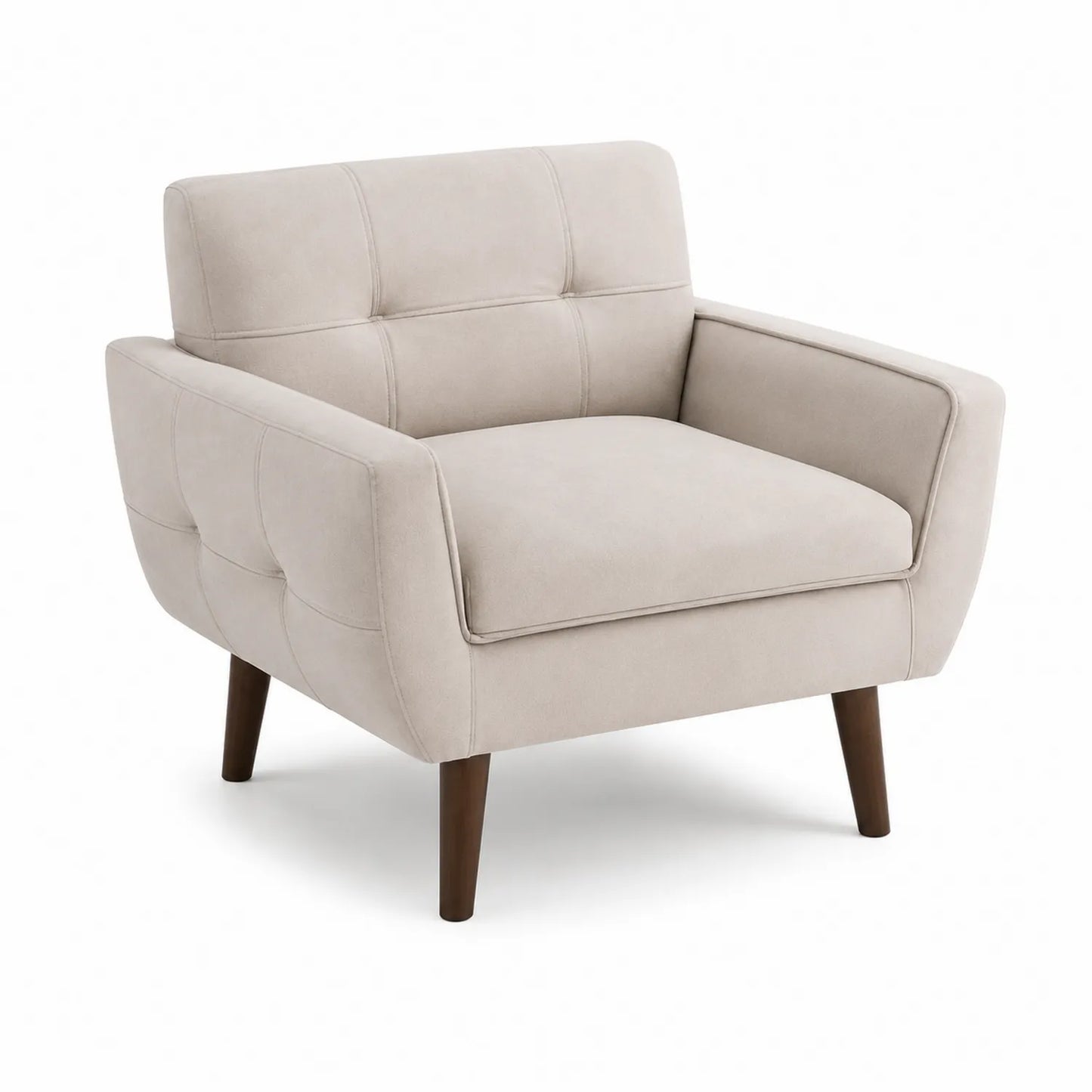 Sillón de tela sintética beige con patas de madera