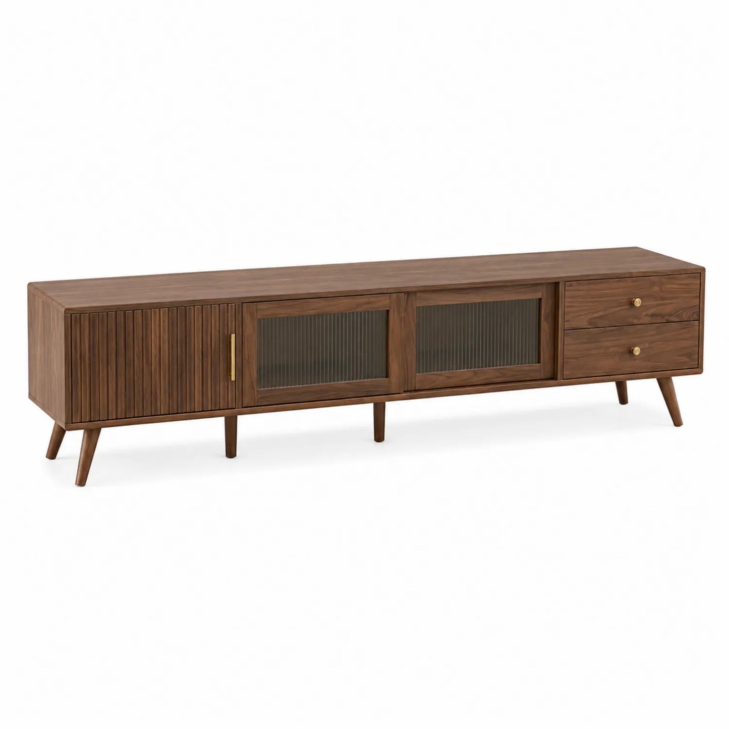Mueble de TV en Nogal con Puertas de Vidrio Canelado y Cajones