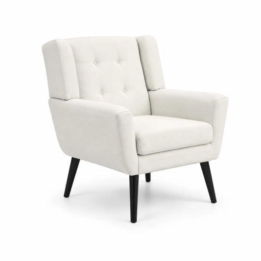Sillón de tela crema con patas de madera