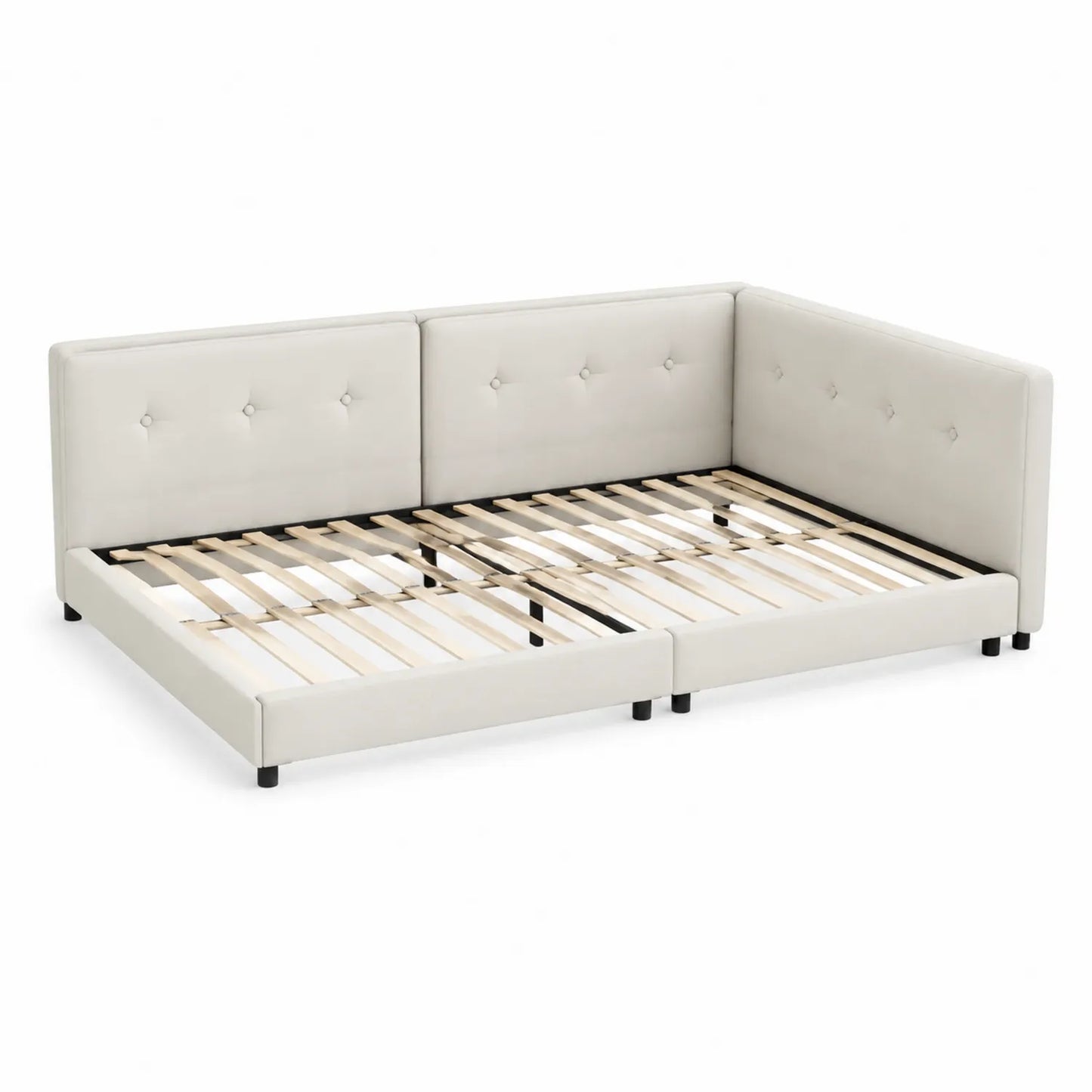 Cama esquinera tapizada en cuero sintético blanco 200x180 cm