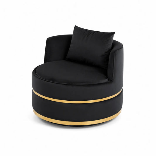 Silla giratoria redonda de terciopelo negro y metal dorado
