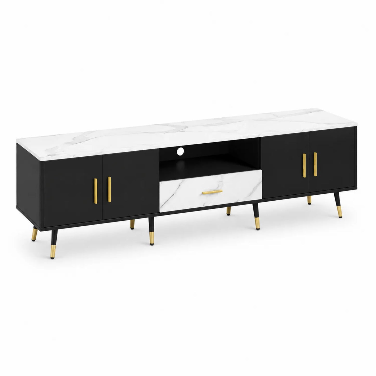 Mueble de TV de MDF y mármol sintético con patas de metal dorado 150 cm