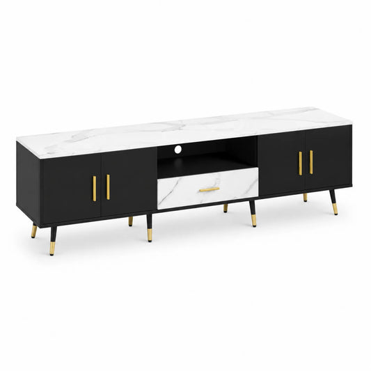 Mueble de TV de MDF y mármol sintético con patas de metal dorado 150 cm