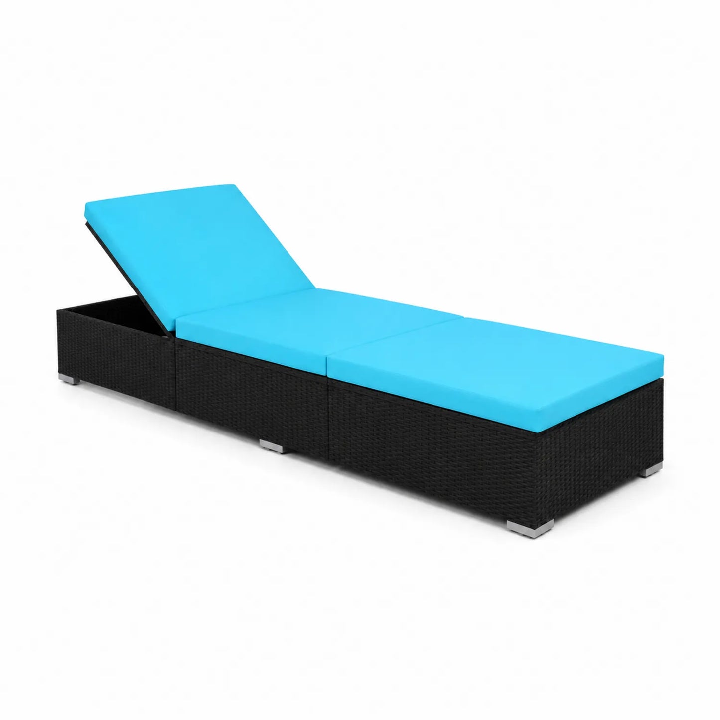 Tumbona de ratán negro con cojines azules ajustables