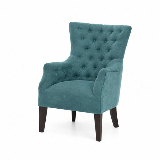 Sillón de tela turquesa con patas de madera de haya