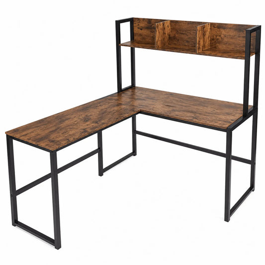 Escritorio en forma de L de madera y metal negro con estantería